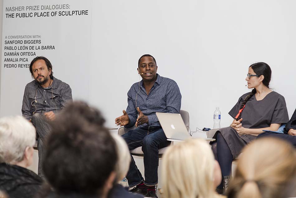 Panelists Damian Ortega, Sanford Biggers, and Amalia Pica discussing The Public Place of Sculpture  in Mexico City