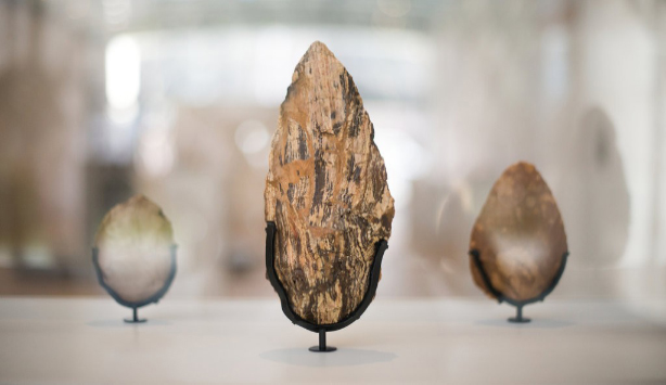 Installation view of one large handaxe and two smaller as part of the First Sculpture Exhibition