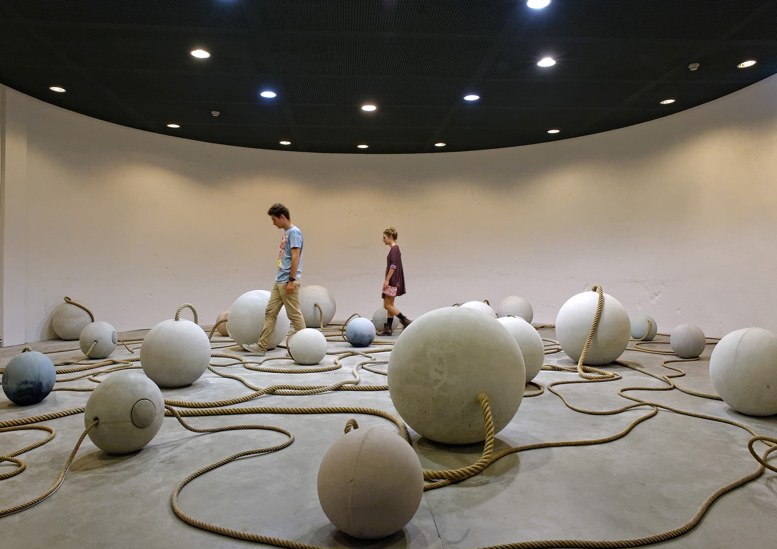 Otobong Nkanga, ‘Wetin You Go Do?,’ 2015. Concrete, dye, rope, speakers, sound, 10 minutes (loop). Installtion view of La vie modern at the Musée d’artcontemporain, 2015. Photo: Blaise Adilon