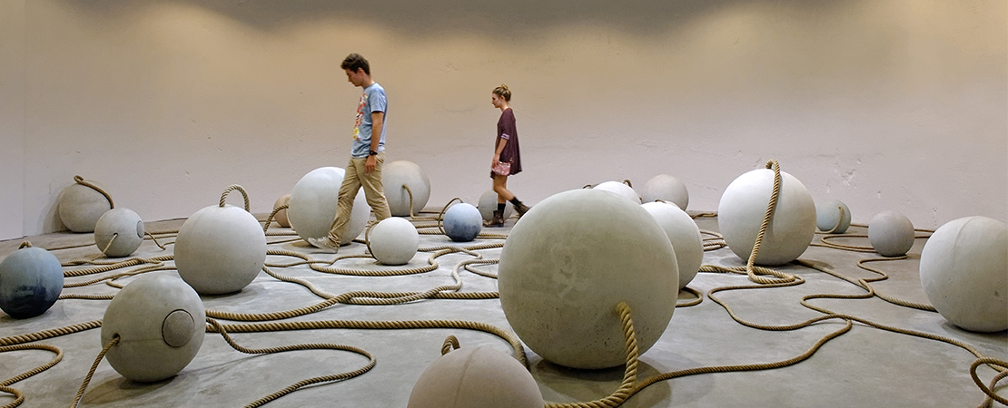Otobong Nkanga, ‘Wetin You Go Do?,’ 2015. Concrete, dye, rope, speakers, sound, 10 minutes (loop). Installtion view of La vie modern at the Musée d’artcontemporain, 2015. Photo: Blaise Adilon