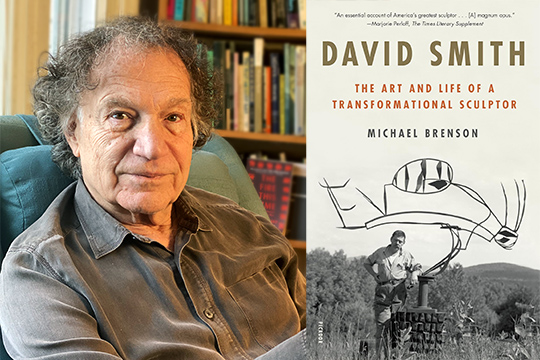 Left: A man with sits in an armchair in front of a bookshelf. Right: Book cover featuring artist David Smith.