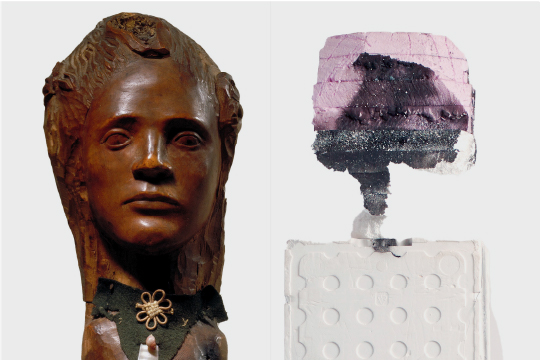 Detail of a Paul Gauguin's Untitled, ca. 1896 (left) and Huma Bhabha's Chain of Missing Links, 2012 (right) 